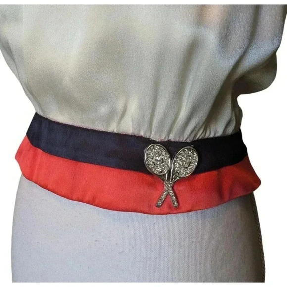 Vintage Satin Ivory Orange Navy Blue Tennis V Neck Sweater Vest Small Preppy - Picture 6 of 15